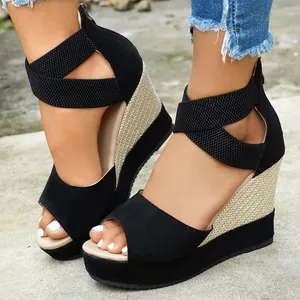 Women's black suede wedge sandals with peep toe and platform design for summer