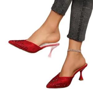 Red rhinestone kitten heel mules with pointed toe and sparkly hollow design for women