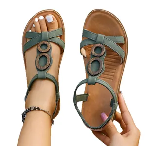 Women's flat Roman sandals with elastic back strap and vintage wooden rings