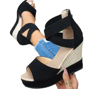 Black suede platform wedge sandals with peep-toe and elastic ankle straps for women.