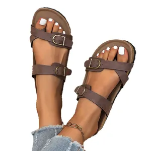 Comfortable brown women's double buckle flat sandals, round toe design, size 35-45