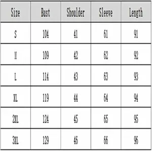 Tableau des tailles détaillé pour veste d'hiver femme incluant buste et longueur