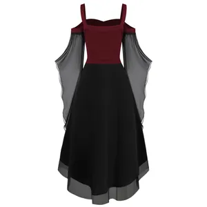 Gothic Renaissance medieval dress with burgundy bodice and sheer black bell sleeves