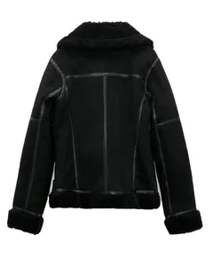 Vista posteriore di una giacca biker da donna in finto camoscio nero con finiture in shearling