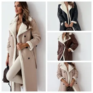 Detailed view of long shearling coats in beige, black, and brown for autumn winter