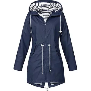 Detailed view of navy blue mid-length waterproof raincoat with striped hood lining.