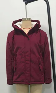 Burgundy mid-length hooded parka with warm white fleece lining for winter