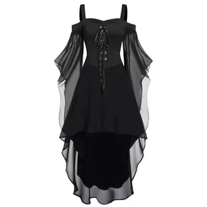 Elegant black Gothic Renaissance dress featuring a lace-up front bodice and flowing sleeves