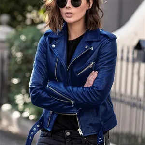 Model wearing a stylish blue slim-fit PU leather biker jacket in an outdoor setting