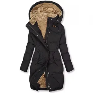 Detailed view of women's thick winter parka with warm fleece-lined hood in black.