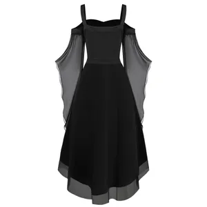 Gothic black medieval dress detail showing cold-shoulder straps and sheer flared sleeves.