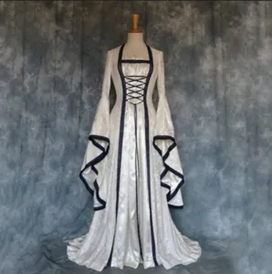 Front detail of a white Gothic medieval dress featuring trumpet sleeves and corset lacing.