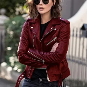 Stylish women's slim fit maroon PU leather moto jacket with belt and zipper details