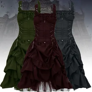 Gothic Lolita ruffled dress with corset lacing in burgundy, black, and forest green
