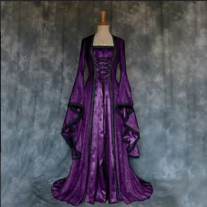Detailed view of a purple Gothic medieval dress with trumpet sleeves and corset lacing.