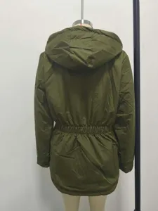 Back view of a green hooded winter parka jacket with adjustable drawstring waist