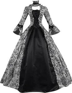Robe de cour médiévale élégante noire et argentée avec manches cloche vintage