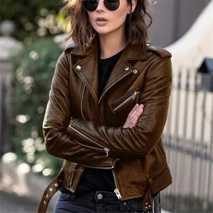 Fashionable brown PU leather biker jacket with multiple zippers and waist belt detail.