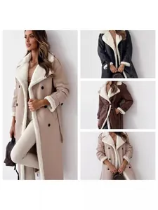 Women's Autumn Winter Maillard Style Long Coat Lapel Belted Faux Leather Sherpa Lined Outerwear Solid Color Commuter Jacket