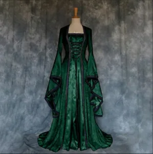 Detailed view of a dark green Gothic medieval dress with lace-up front and bell sleeves