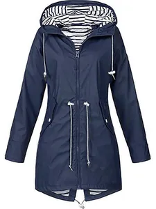Women's Mid-Length Waterproof Hooded Outdoor Jacket Drawstring Waist Striped Lining Lightweight Raincoat Windbreaker