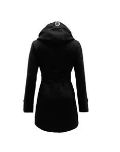 Detailed back view of an elegant women's black hooded wool coat with waist belt detail