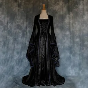 Elegant black gothic medieval maxi dress with dramatic flared sleeves and front lace-up