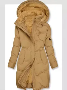 Stylish women's thick warm hooded winter puffer coat with plush fleece lining in camel