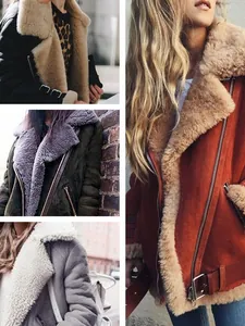 Women's Moto Faux Suede Jacket Sherpa Lined Faux Shearling Lapel Collar Biker Coat With Mulberry Silk Padding Winter Padded Outerwear