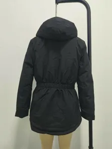 Rear view of mid-length black hooded winter parka with adjustable waist drawstring