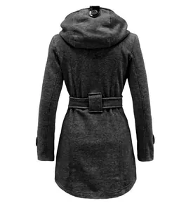 Detailed back view of a gray hooded women's wool trench coat showing fabric texture