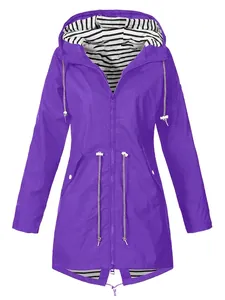 Stylish purple waterproof drawstring jacket with hood and striped lining for women