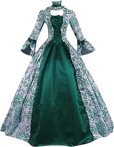 Vue détaillée d'une robe Renaissance vert foncé avec manches évasées et motifs floraux