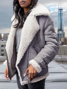 Grey faux suede shearling aviator jacket for women featuring a stylish lapel collar detail
