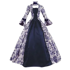 Detailed view of Victorian court style printed gown featuring elegant bell sleeves