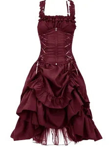Elegant burgundy Gothic Lolita corset dress featuring irregular ruffled skirt and front lacing
