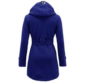Detailed back view of an elegant royal blue hooded wool coat for women with a waist belt