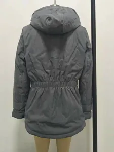 Detailed back view of a gray hooded winter parka featuring a waist drawstring for adjustable fit