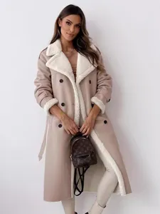 Elegant beige Maillard style long coat featuring a cozy white faux shearling lining
