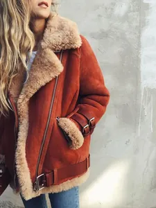 Stylish rust-colored faux suede biker jacket with warm sheepskin lining for women
