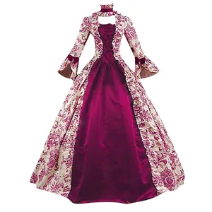 Detail view of a vintage Victorian court dress with bell sleeves and floral print