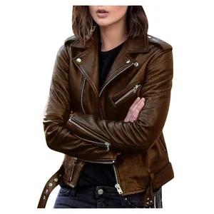 Close-up of a women's slim fit brown PU leather biker jacket with silver zippers