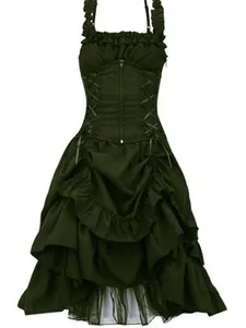 Vintage dark green Gothic Lolita dress featuring lace-up corset and ruffled skirt.