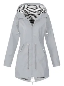 Light gray mid-length waterproof hooded raincoat with drawstring waist and striped lining