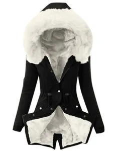 Parka d'hiver noire cintrée pour femme avec doublure de capuche en fausse fourrure