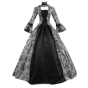 Elegant vintage Victorian style evening gown with floral print and flared bell sleeves detail