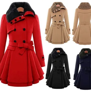 Manteau en Laine à Double Boutonnage Élégant pour Femme Trench Mi-Long Coupe Slim Avec Col en Fausse Fourrure et Ceinture