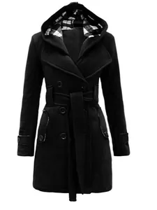 Elegant women's double-breasted black woolen coat with plaid hooded lining detail
