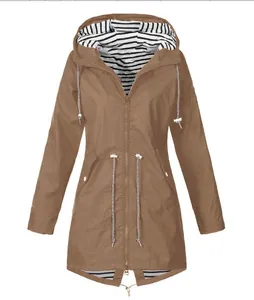 Brown waterproof hooded windbreaker featuring striped lining and adjustable drawstrings.