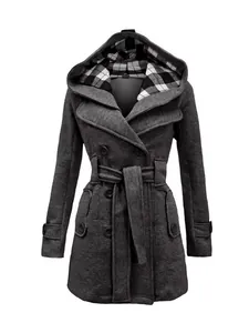 Elegant dark grey hooded wool coat for women with plaid lining and double-breasted belt